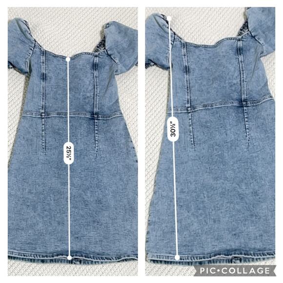 bebe Lace Back Denim Dress Size 6 With Puff Sleeves - Picture 7 of 8